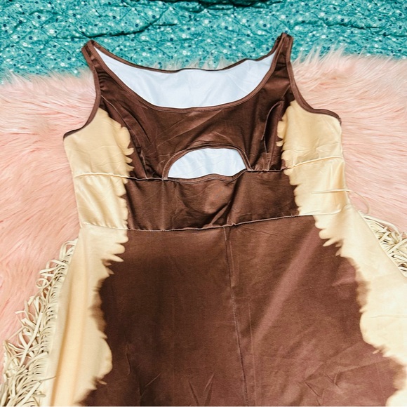 U Neck Cutout Wide Leg Side Fringed Sleeveless Jumpsuit-Brown/Tan - Picture 11 of 15